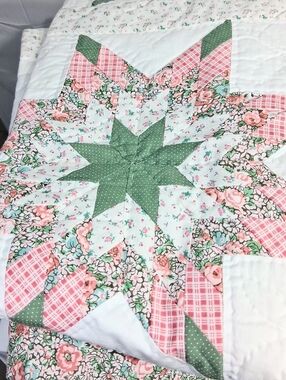 Sawtooth Star Cottagecore Hand Stitched 80" X 80" Geometric Cotton Thin Quilt